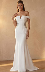 Designer fitted gown with structured neckline and bead accents