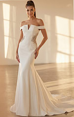 Sleek off shoulder evening gown with crystal side appliqué