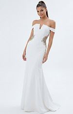 Elegant off shoulder column gown with embellished sides