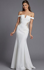 Modern minimalist gown with off shoulder neckline and beaded waist