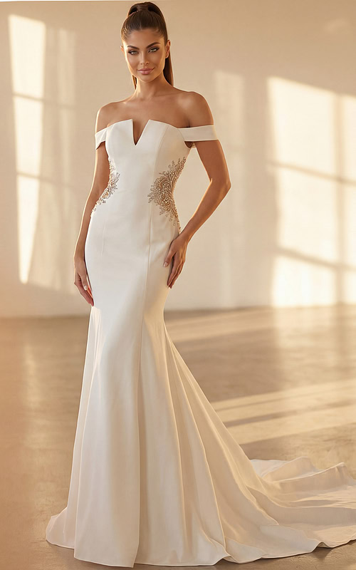 Sleek off shoulder evening gown with crystal side appliqué