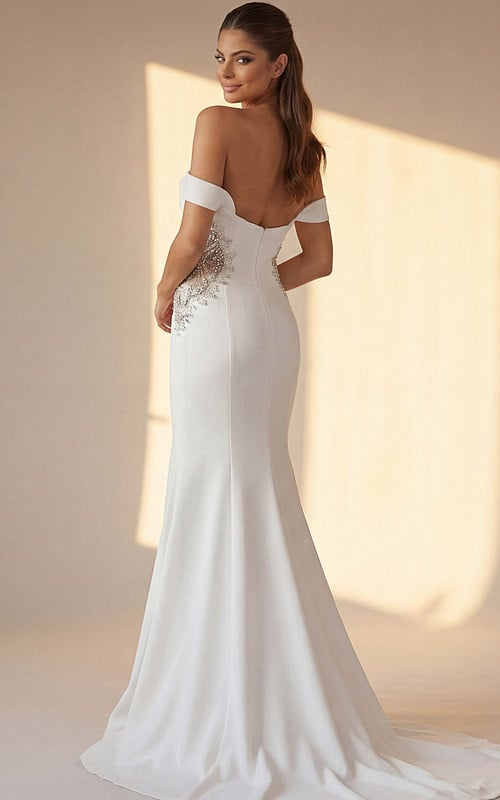 Off shoulder fitted gown with beaded waist detail