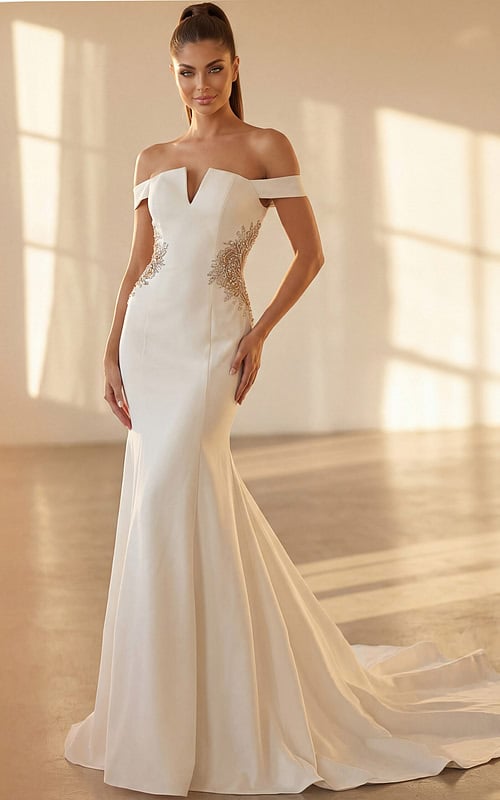 Sleek off shoulder evening gown with crystal side appliqué