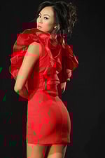 Back view of red ruffled mini dress highlighting bold structured design