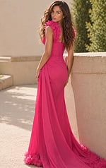 Fitted pink evening gown with floral straps