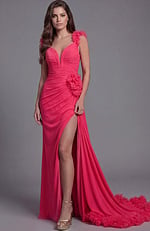 formal gown with beaded bodice and voluminous pleated skirt