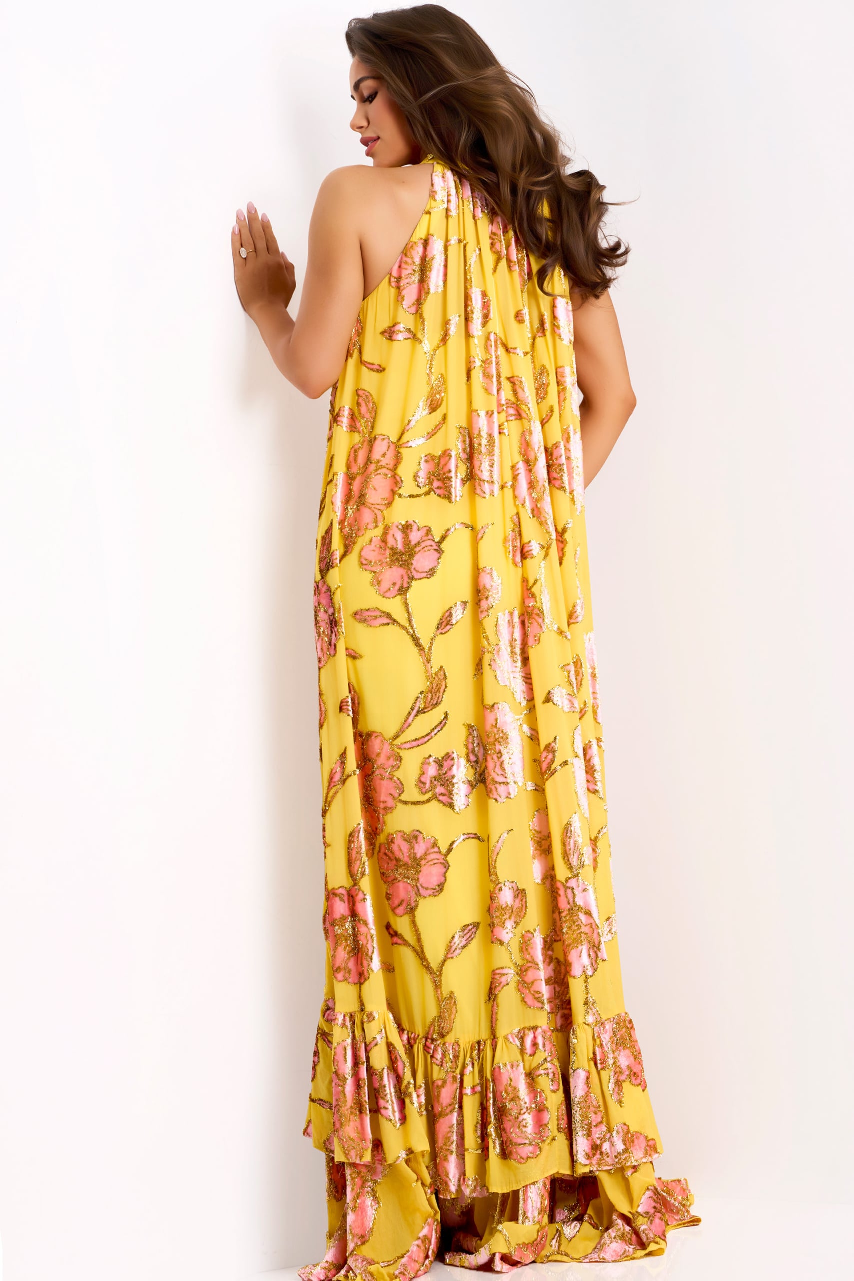 Yellow Floral Halter Dress With Ruffles