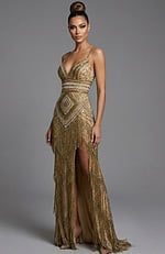 Front view of off shoulder gown with layered ruffled neckline and fitted silhouette