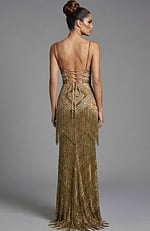 Back view of off shoulder gown with ruffled bodice and smooth flowing skirt