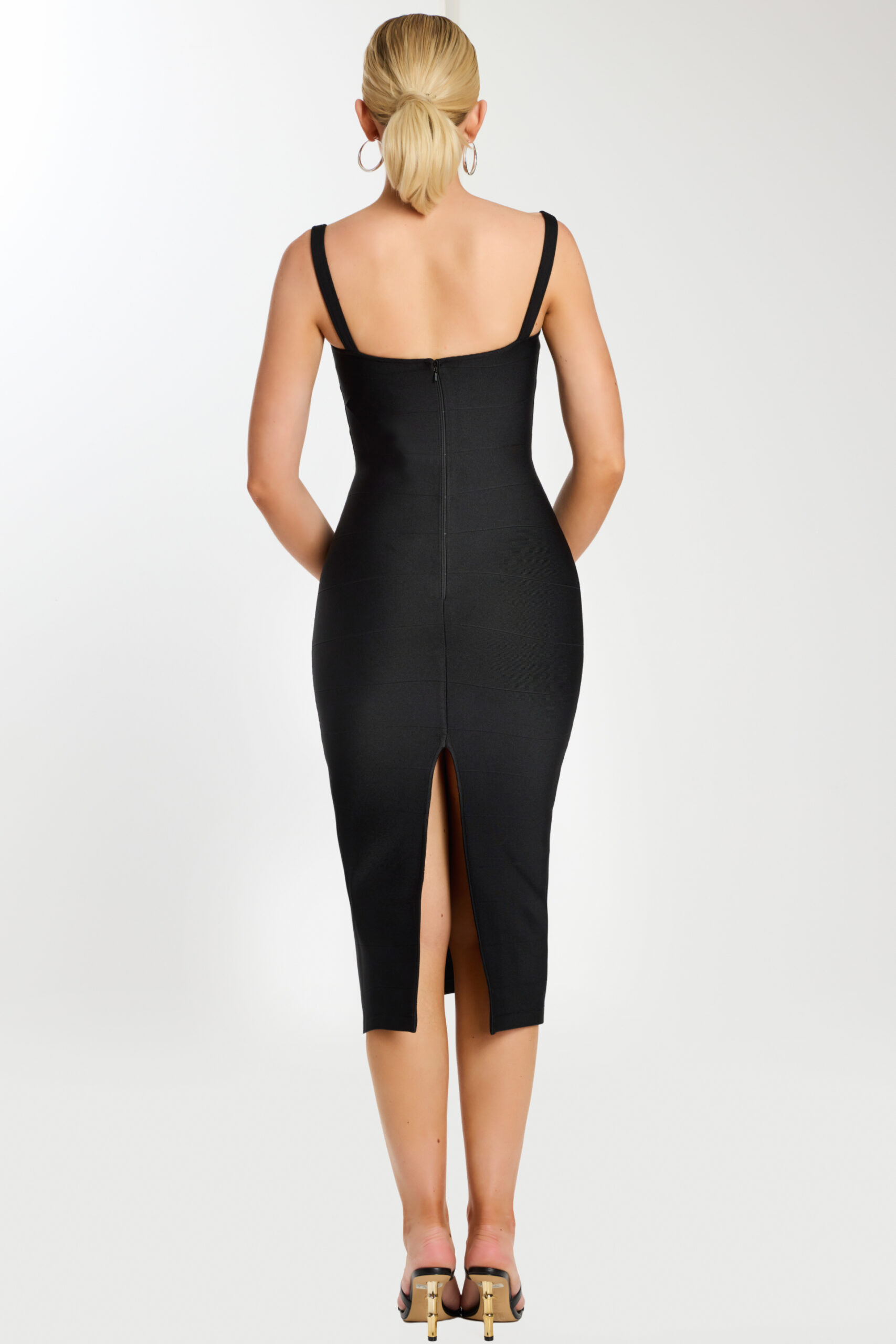 Sleek Black Midi Dress With Rhinestone Detail 46641 | Jovani