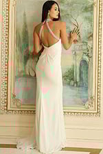 Halter neck gown with crystal-embellished bodice and high slit design