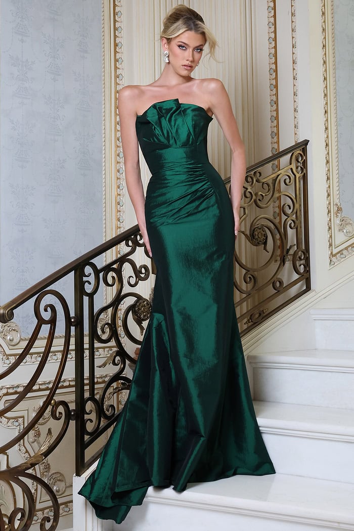emerald strapless satin mermaid gown with pleated bodice - front full body, blonde updo, hands on hips