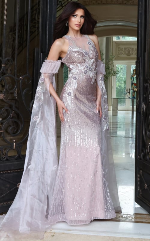 Blush sequin gown with halter neckline and sheer floral-embroidered cape sleeves, front view