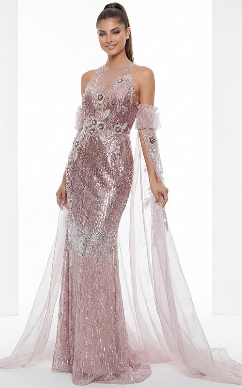 Elegant sequin fitted gown with illusion neckline and flowing cape