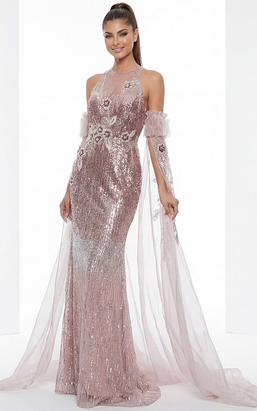 Elegant sequin fitted gown with illusion neckline and flowing cape