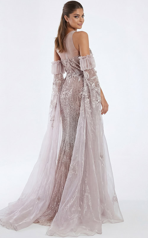 Glamorous blush beaded gown with sheer embroidered cape sleeves