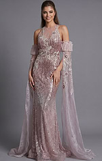 Couture inspired sequin evening gown with detachable cape detail