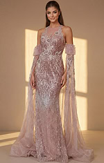 Embellished Sheer Sleeve Gown with Halter Neckline 46674 - Image 4