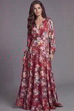 Long sleeve floral maxi dress with plunging V neckline