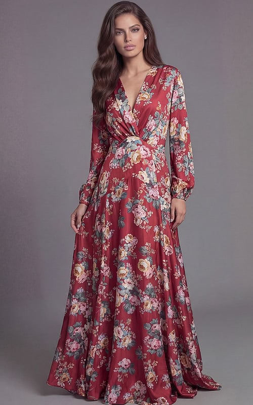 Long sleeve floral maxi dress with plunging V neckline