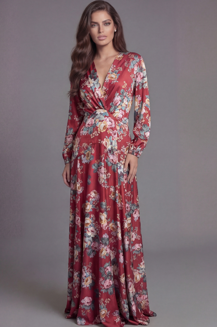 Flowing floral print gown with deep V neckline and full skirt