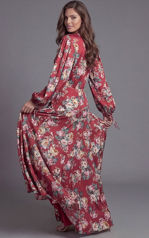 Elegant floral maxi dress with long sleeves and flowing skirt