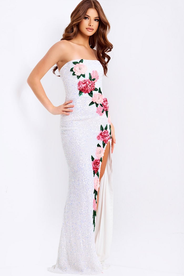 Sparkling strapless floral prom gown with fitted shape