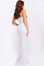 Elegant white sequin gown with pink floral appliqués