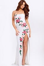 Strapless sequin floral prom dress with high slit