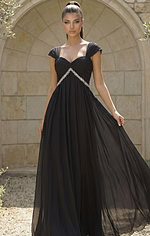 Chic off the shoulder chiffon dress with elegant draping and jeweled waistline