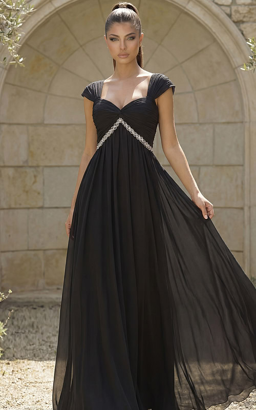 Chic off the shoulder chiffon dress with elegant draping and jeweled waistline
