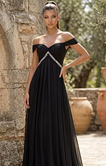 Sophisticated off shoulder chiffon gown with graceful flowing skirt and crystal details