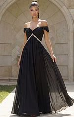 Timeless black chiffon gown with soft cap sleeves and airy full length skirt