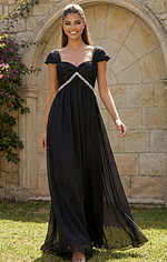 Classic black chiffon gown with draped bodice and delicate embellished waistband
