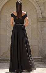 Elegant chiffon dress with soft pleating, off shoulder bodice, and crystal accent trim