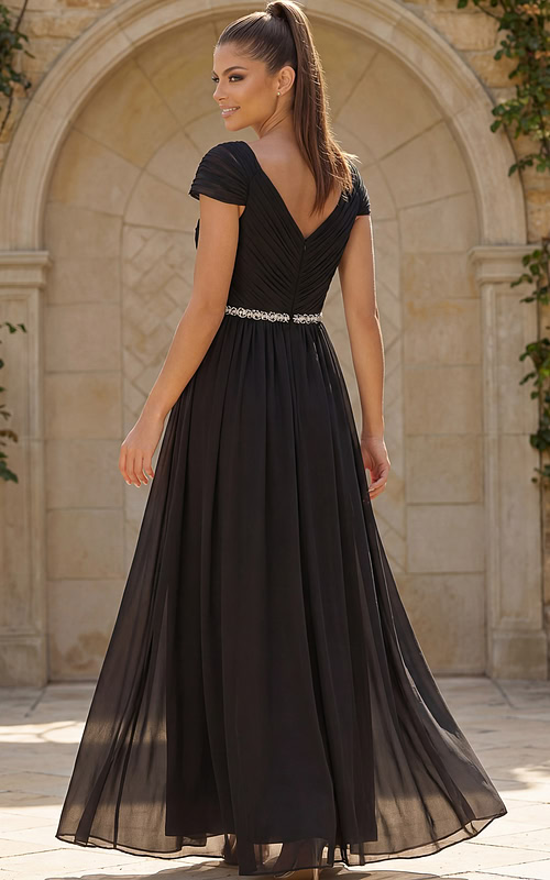 Romantic chiffon evening dress with pleated bodice and shimmering waist accent