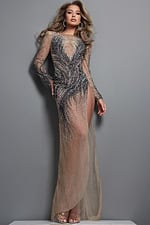 nude black silver sheath long dress with long sleeve illusion beaded high slit