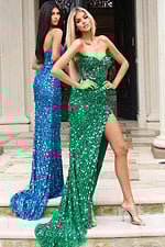 Strapless sequin gown with high slit