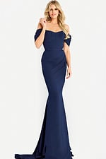 Off the shoulder fitted gown featuring a sweetheart neckline, ruched waist detail, and elegant floor length mermaid skirt with a small train.