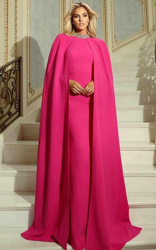 Elegant floor-length gown with flowing cape and jeweled neckline