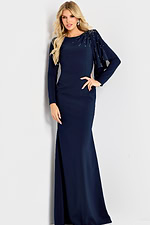 Long sleeve formal gown with asymmetrical draped shoulder accent