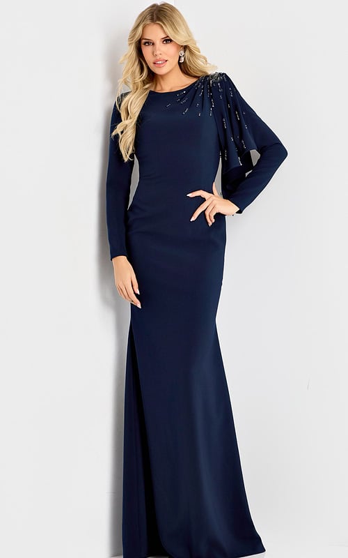 Long sleeve formal gown with asymmetrical draped shoulder accent