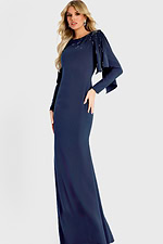 Elegant navy gown with long sleeves and embellished shoulder drape
