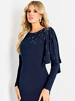 Sophisticated fitted evening dress with sequin shoulder detail and floor length skirt