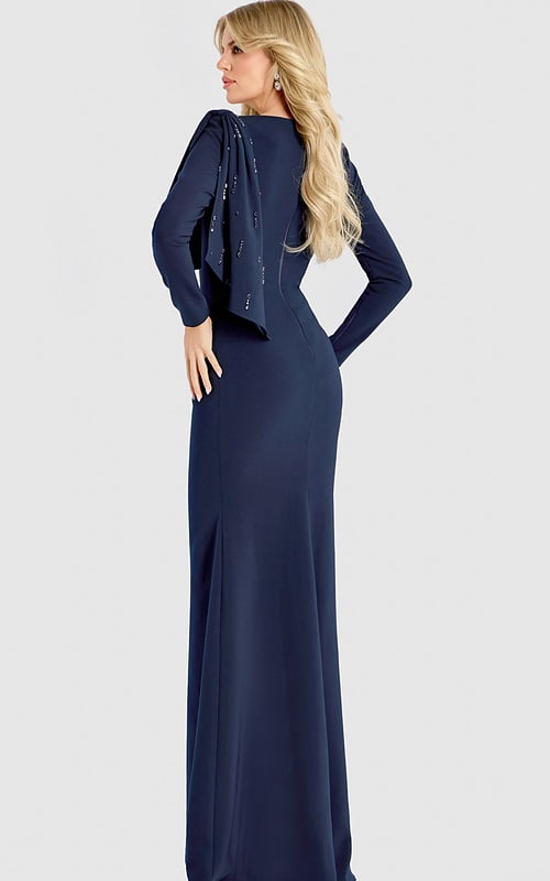 Long sleeve formal gown with asymmetrical draped shoulder accent