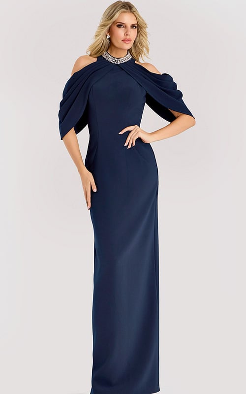 Navy cold shoulder gown with draped cape sleeves and a beaded neckline, tailored in a sleek column silhouette for a refined formal look.