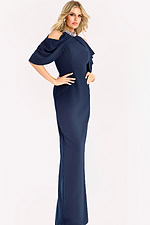 Cold shoulder gown with draped sleeves and jeweled neckline, designed in a sleek fitted silhouette for an elegant and timeless evening look.