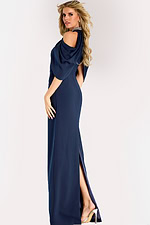 Cold shoulder gown with draped chiffon sleeves, high slit, and jeweled halter neckline for an elegant formal look.