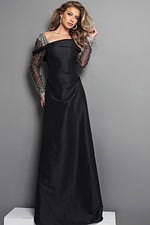 black a line long dress with off shoulder long sleeve beaded