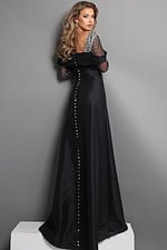 black a line long dress with off shoulder long sleeve beaded
